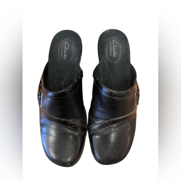 Clarks Bendables Clogs EUC Black Leather Slip On Size 8 1/2 - Picture 2 of 7